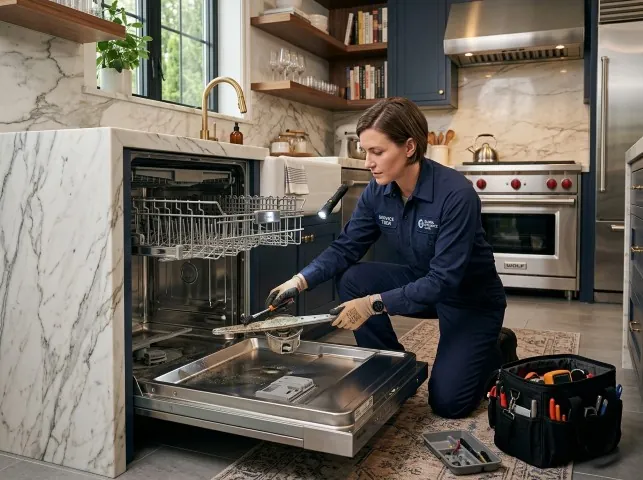 Appliance Repair Hero technician servicing a built-in dishwasher in a Bear Mountain, NY kitchen