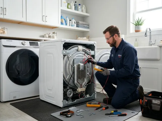 Appliance Repair Hero technician checking a dryer heating element with the rear panel off in Bear Mountain, NY